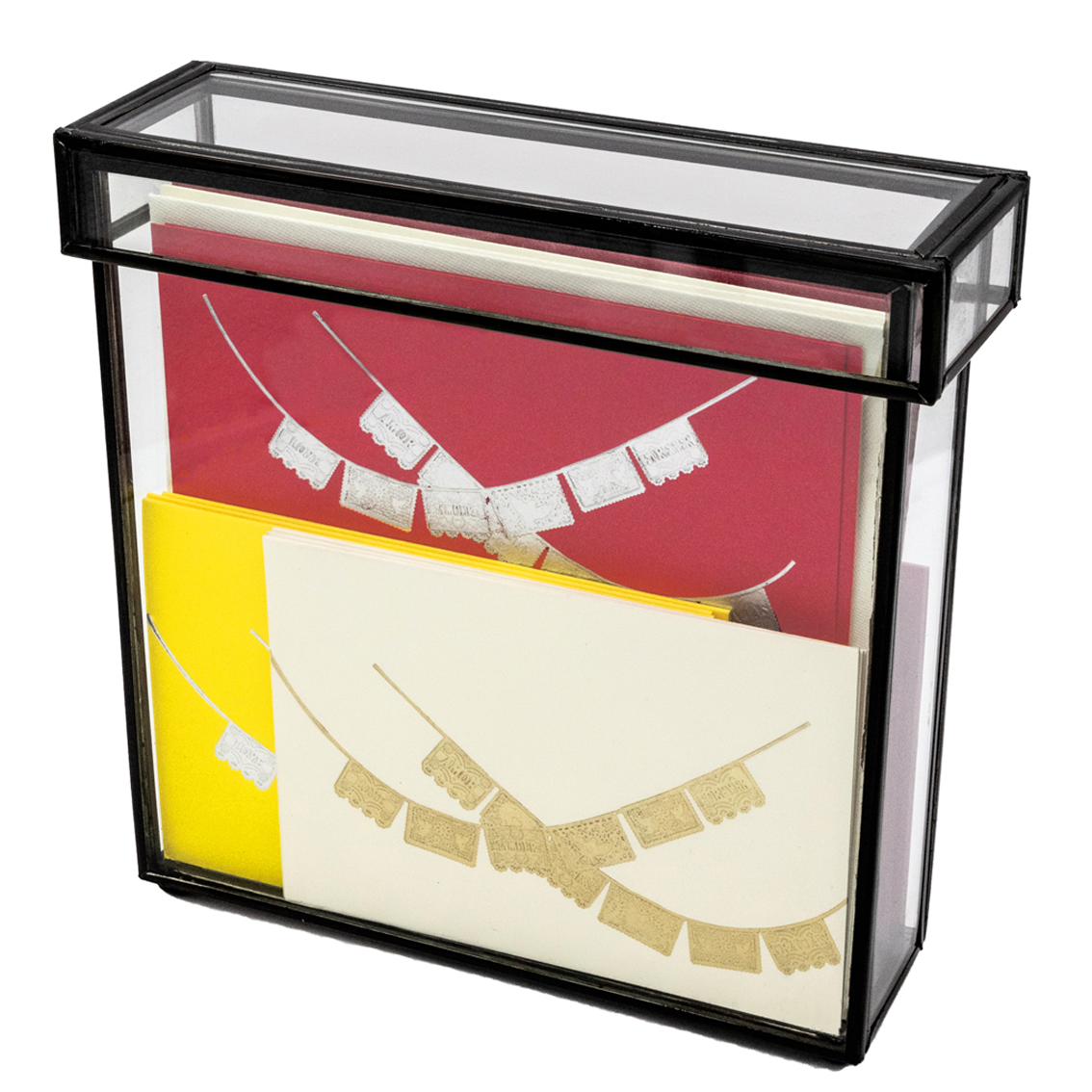 Caja Vidrio Alta Papel Picado Tarjetas y Sobres