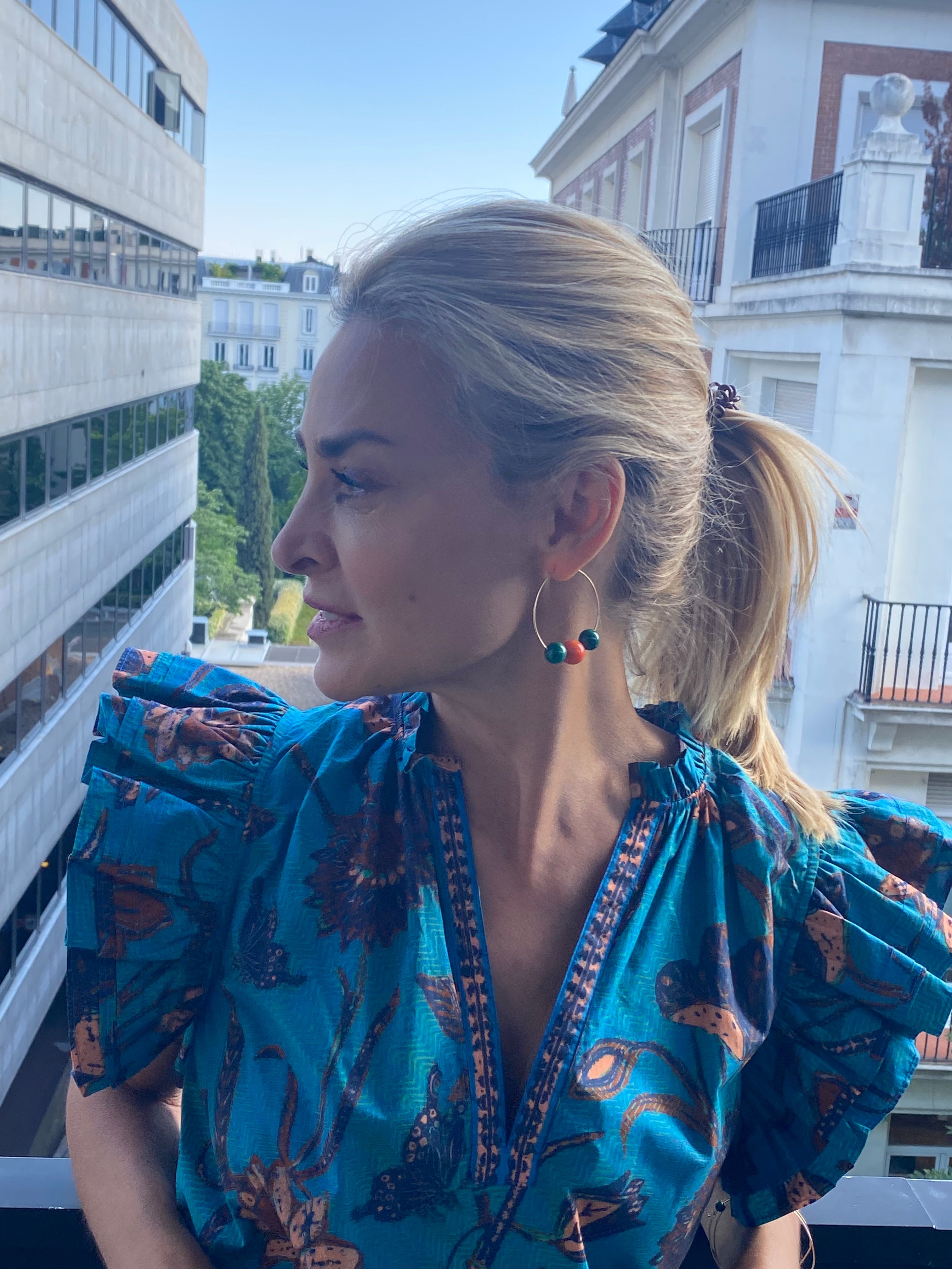 Coral and Malachite Hoop Earrings