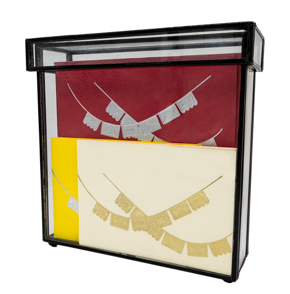 Caja Vidrio Alta Papel Picado con Tarjetas y Sobres