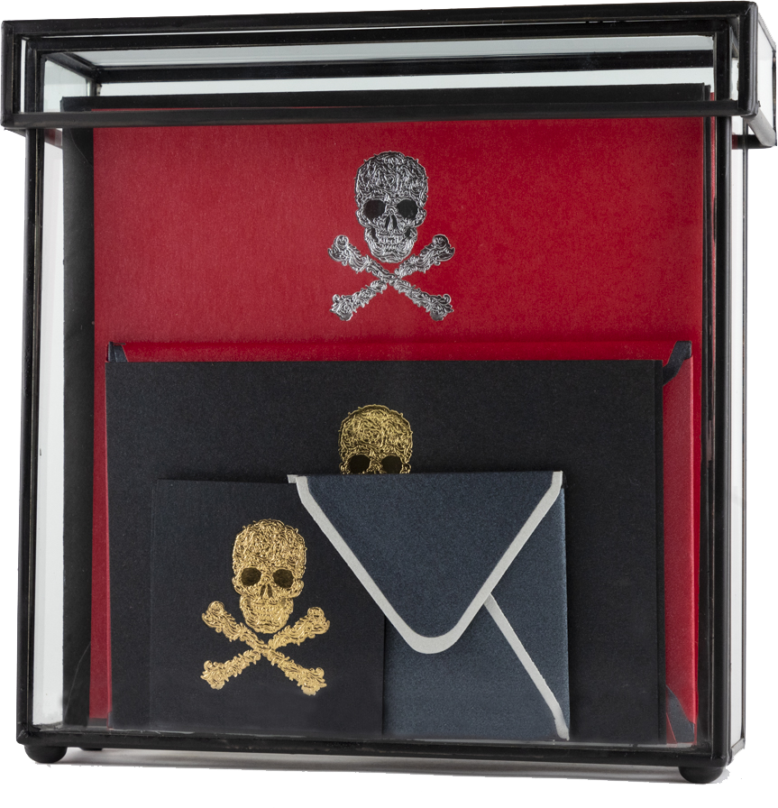 Producto Ready to wear/Listo para llevar - Caja Vidrio Alta de 18 x 18 x 5 cm Modelo CALAVERA. Contenido : 4 tarjetas grandes sencilla 4 sobres grandes 2 tarjetas medianas sencillas 2 sobres medianos 2 tarjetas chicas doble 2 sobres chicos sencillos, 4 tarjetas mini doble 4 sobres mini doble. Hecho a mano en México. Caja con 24 piezas