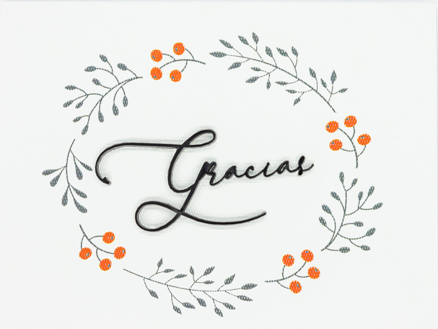 Producto Ready to wear/Listo para llevar - Tarjeta Mediana Doble (12 x 9 cm) Modelo CORONA GRACIAS RELIEVE en Impresión Digital. Plecado y refinado artesanalmente a mano. En papeles de alta calidad lisos o texturizados. Hecho a mano en México Paquete con 10 piezas.