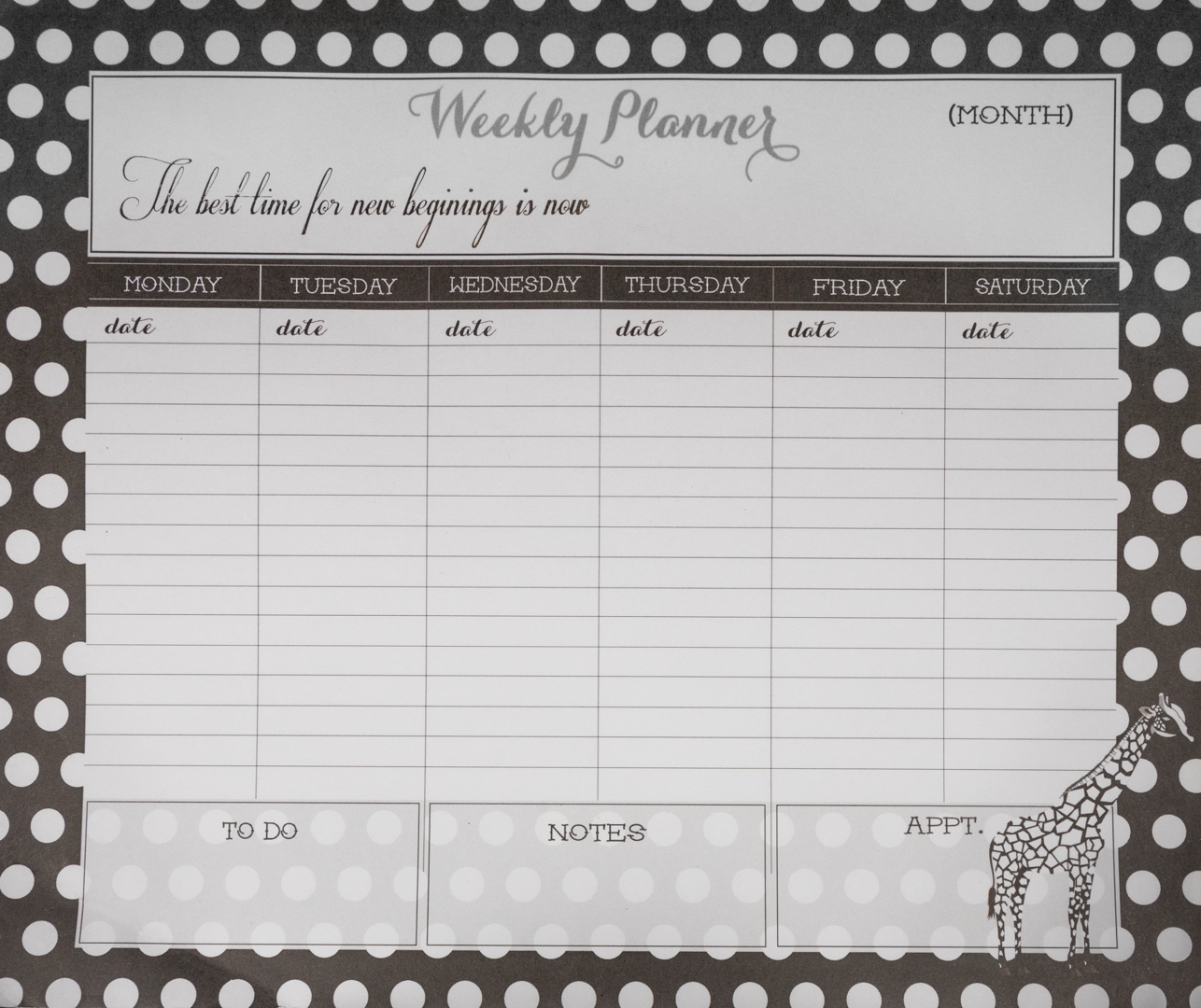 Producto Ready to wear/Listo para llevar - Planeador semanal Weekly Planner 24 x 20 cm modelo JIRAFA PKD Elaborado en offset con 50 hojas 1 Pieza.