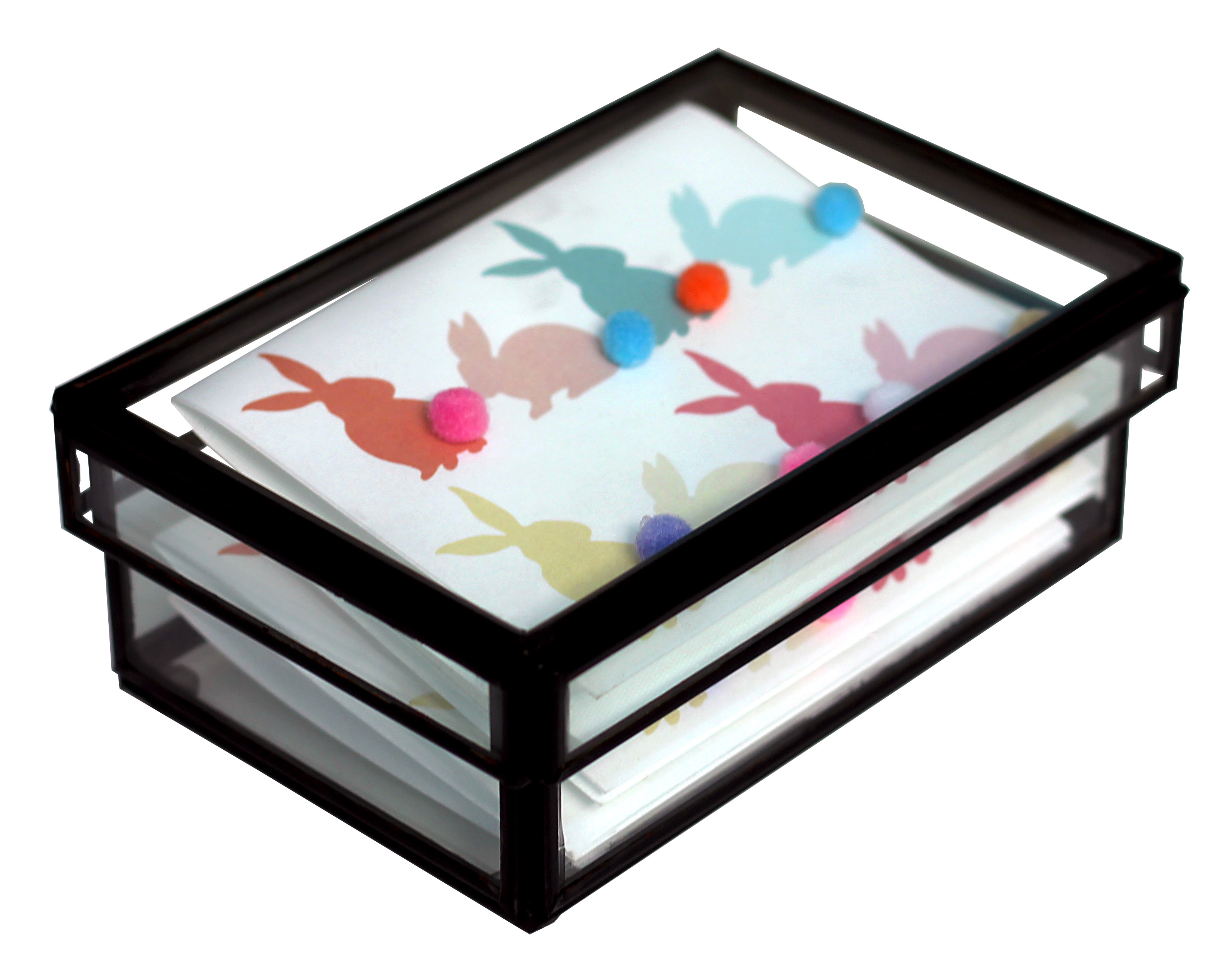 Producto Ready to wear/Listo para llevar - Caja Vidrio Chica de 10.5 x 16 x 5 cm Modelo CONEJITOS COLITAS Contenido : 10 tarjetas medianas dobles 6 tarjetas mini con aplicaciones.Hecho a mano en México. Caja con 16 piezas