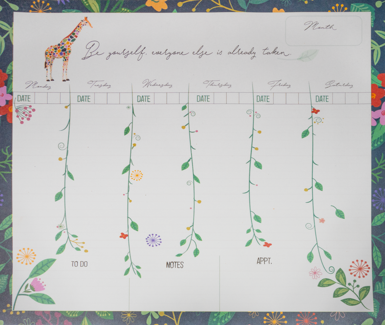 Producto Ready to wear/Listo para llevar - Planeador semanal Weekly Planner 24 x 20 cm modelo JIRAFA Elaborado en offset con 50 hojas 1 Pieza.