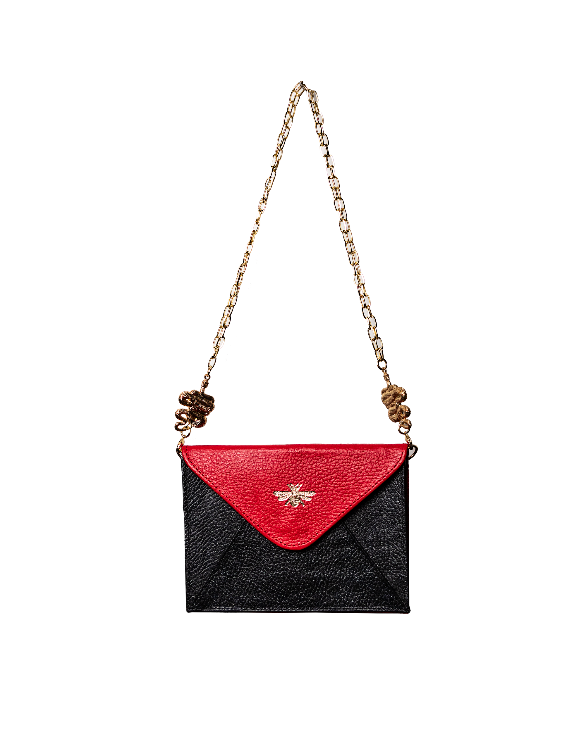 Two-tone red/black bee engraved envelope bag