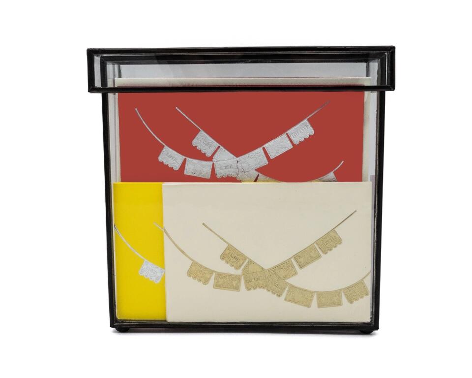Caja Vidrio Alta con Tarjetas y Sobres Papel Picado - Personalizable